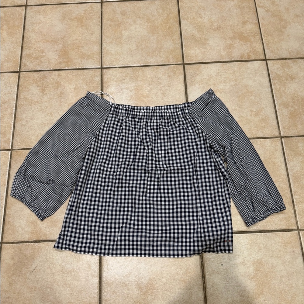 Tommy Hilfiger Navy and White Gingham Off-Shoulder Top size L new blue white